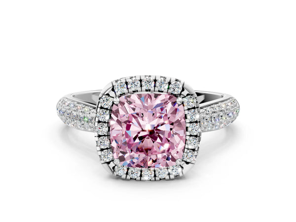 Platinum Fancy Pink Cushion Cut Halo Diamond Ring with Pavé Band