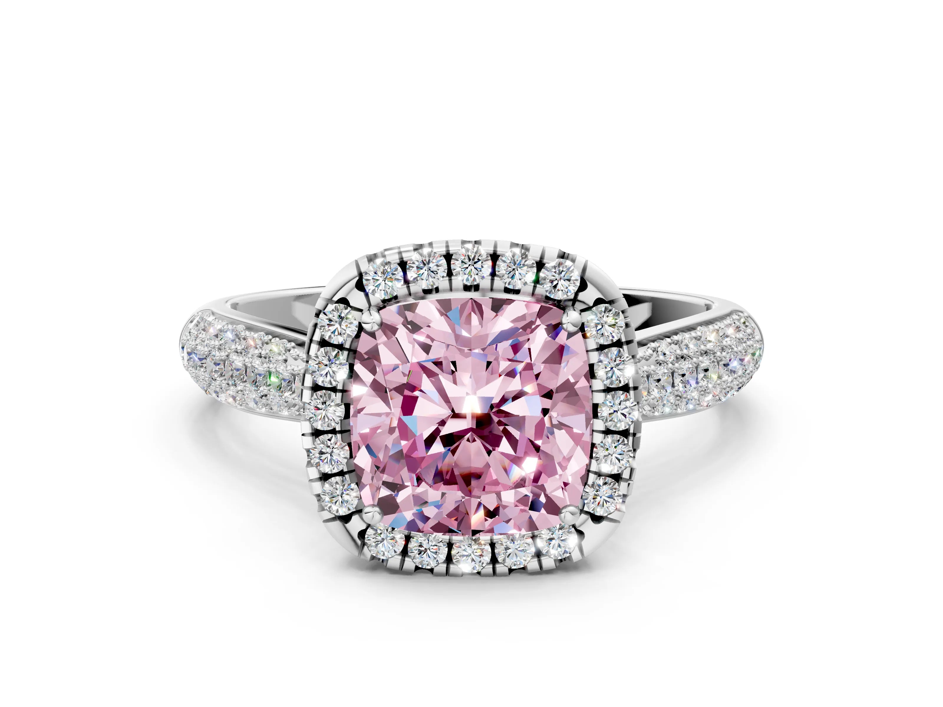 White gold Fancy Pink Cushion Cut Halo Diamond Ring with Pavé Band_36