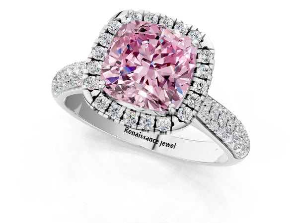 Platinum Fancy Pink Cushion Cut Halo Diamond Ring with Pavé Band
