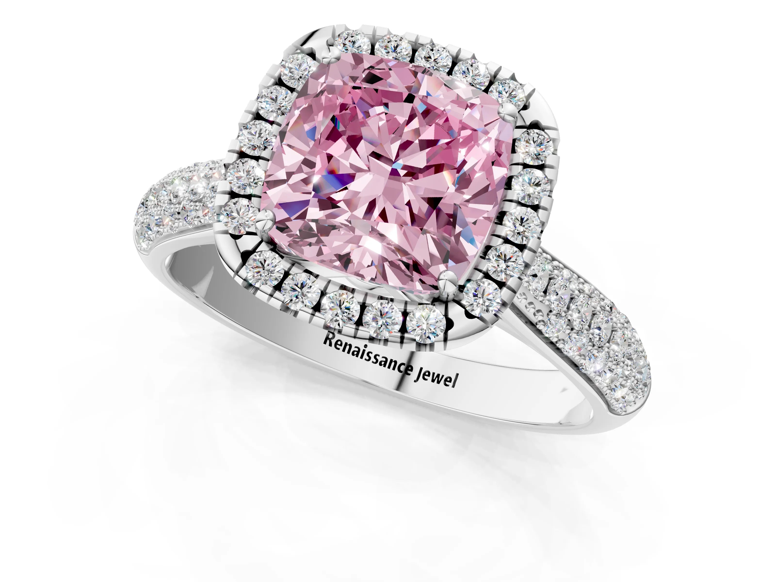 White gold Fancy Pink Cushion Cut Halo Diamond Ring with Pavé Band_37