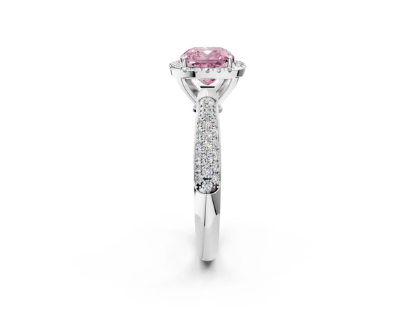 Platinum Fancy Pink Cushion Cut Halo Diamond Ring with Pavé Band
