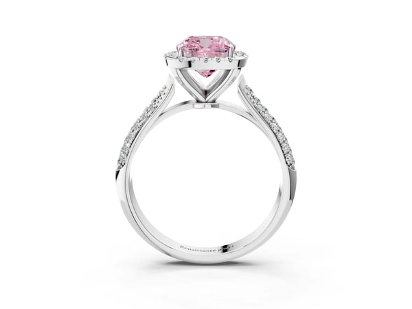 Platinum Fancy Pink Cushion Cut Halo Diamond Ring with Pavé Band