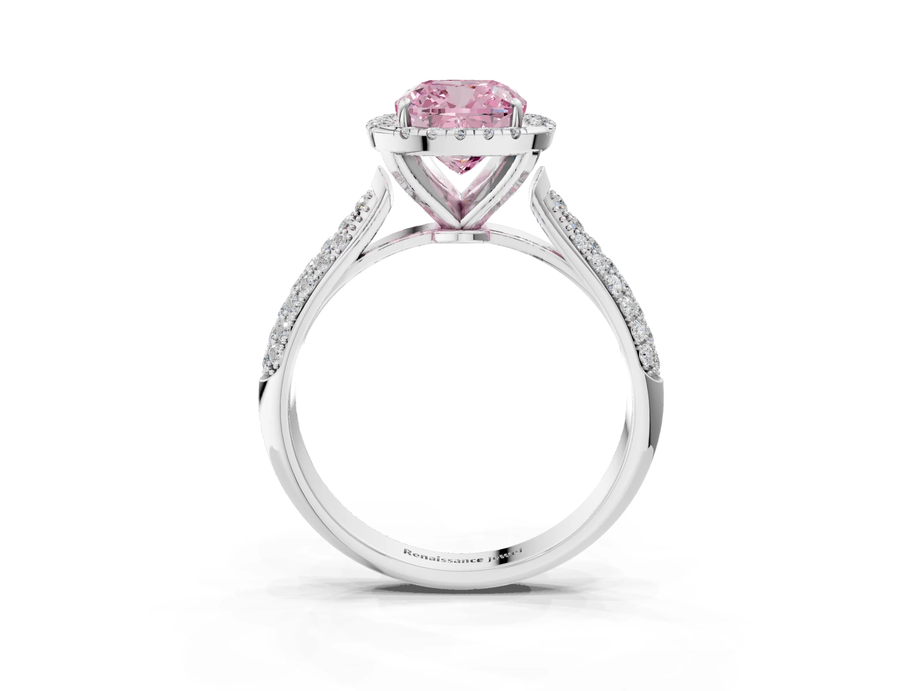 White gold Fancy Pink Cushion Cut Halo Diamond Ring with Pavé Band_3