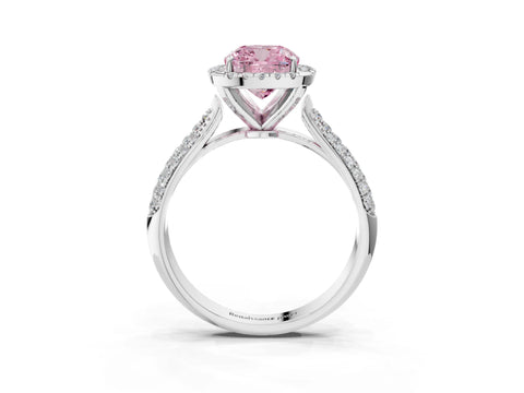 White gold Fancy Pink Cushion Cut Halo Diamond Ring with Pavé Band_3