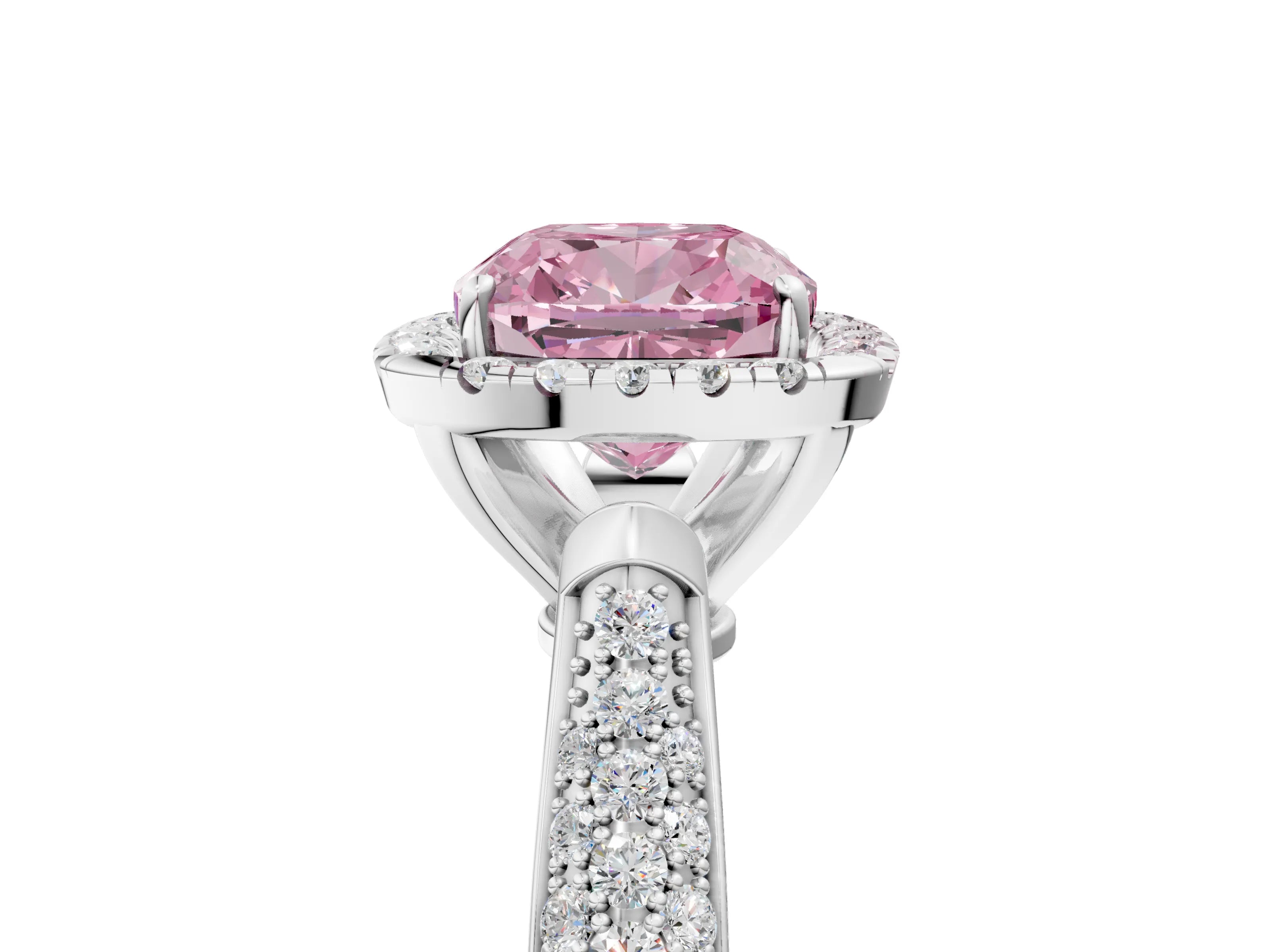 White gold Fancy Pink Cushion Cut Halo Diamond Ring with Pavé Band_5