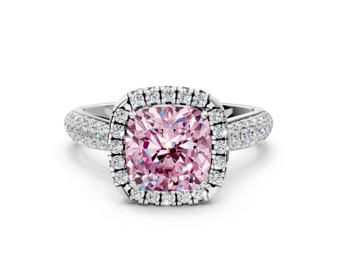 White gold Fancy Pink Cushion Cut Halo Diamond Ring with Pavé Band