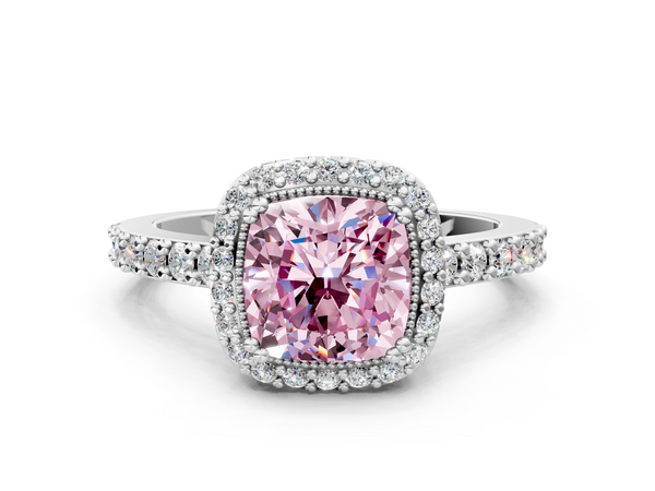 White gold Fancy Pink Cushion  Cut Diamond Halo Engagement Ring with Milgrain Detail and Pavé Band