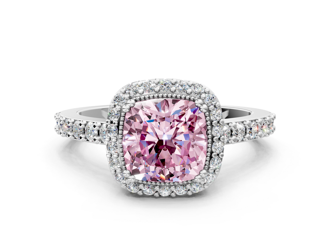 White gold Fancy Pink Cushion  Cut Halo Diamond Ring with Pave Band and Four-Prong Setting_24