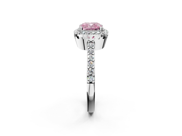White gold Fancy Pink Cushion  Cut Diamond Halo Engagement Ring with Milgrain Detail and Pavé Band