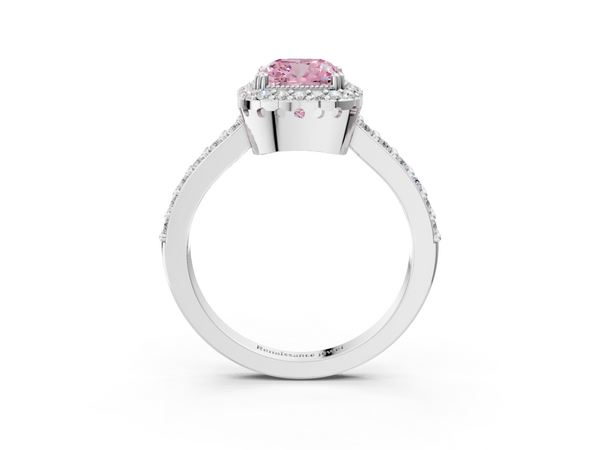 White gold Fancy Pink Cushion  Cut Diamond Halo Engagement Ring with Milgrain Detail and Pavé Band