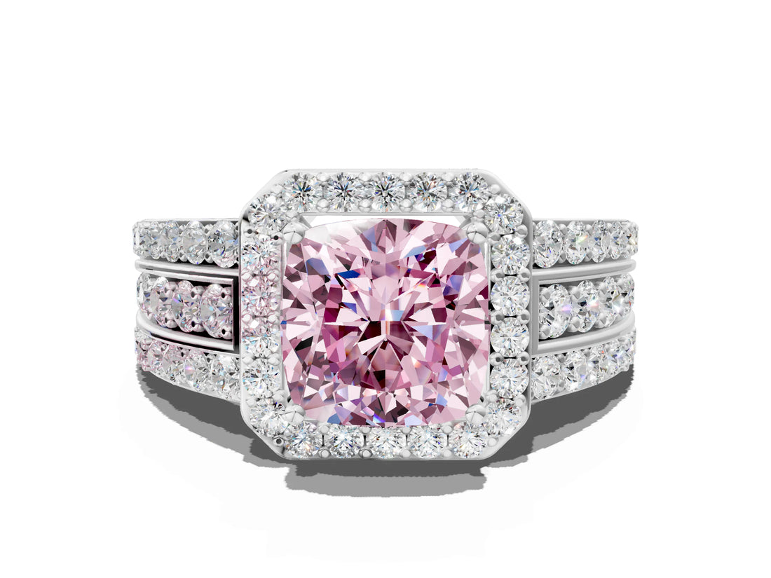 White gold Fancy Pink Cushion Cut Halo Diamond Ring with Round  Split Shank and Prong Setting_146