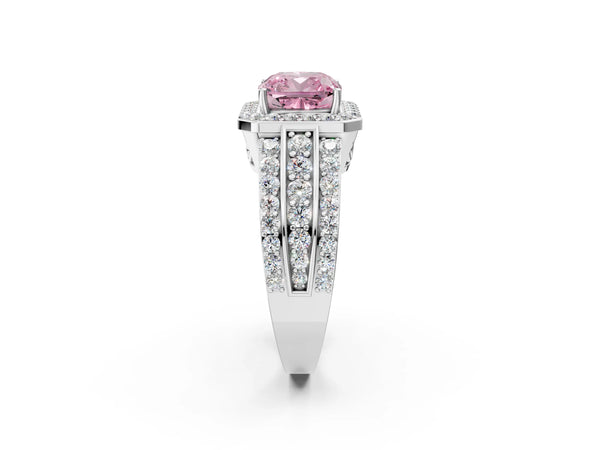 Platinum Cushion Cut Triple-Row Pave Halo Engagement Ring Setting for Fancy Pink Center