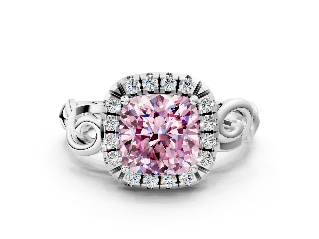 White gold Fancy Pink Cushion  Cut Halo Diamond Ring with Scrollwork Band and Four-Prong Setting_87