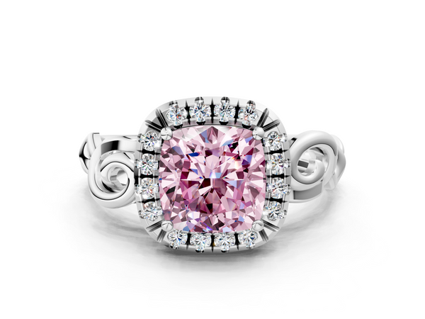White gold Fancy Pink Cushion  Cut Halo Diamond Ring with Scrollwork Band and Four-Prong Setting