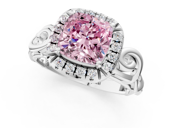White gold Fancy Pink Cushion  Cut Halo Diamond Ring with Scrollwork Band and Four-Prong Setting