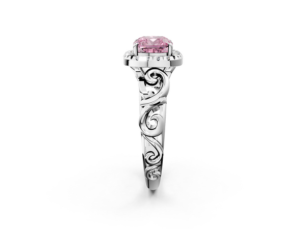 White gold Fancy Pink Cushion  Cut Halo Diamond Ring with Scrollwork Band and Four-Prong Setting