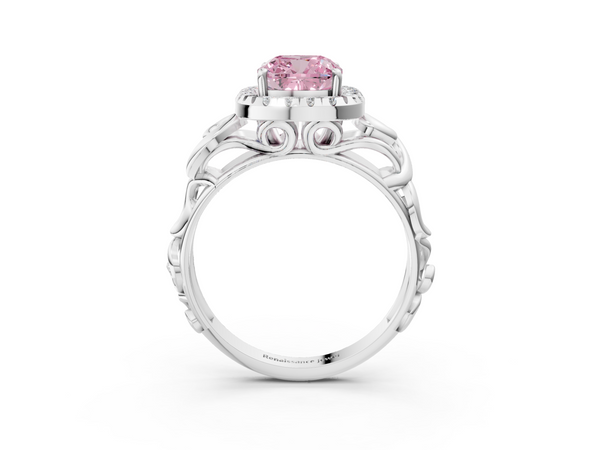 White gold Fancy Pink Cushion  Cut Halo Diamond Ring with Scrollwork Band and Four-Prong Setting