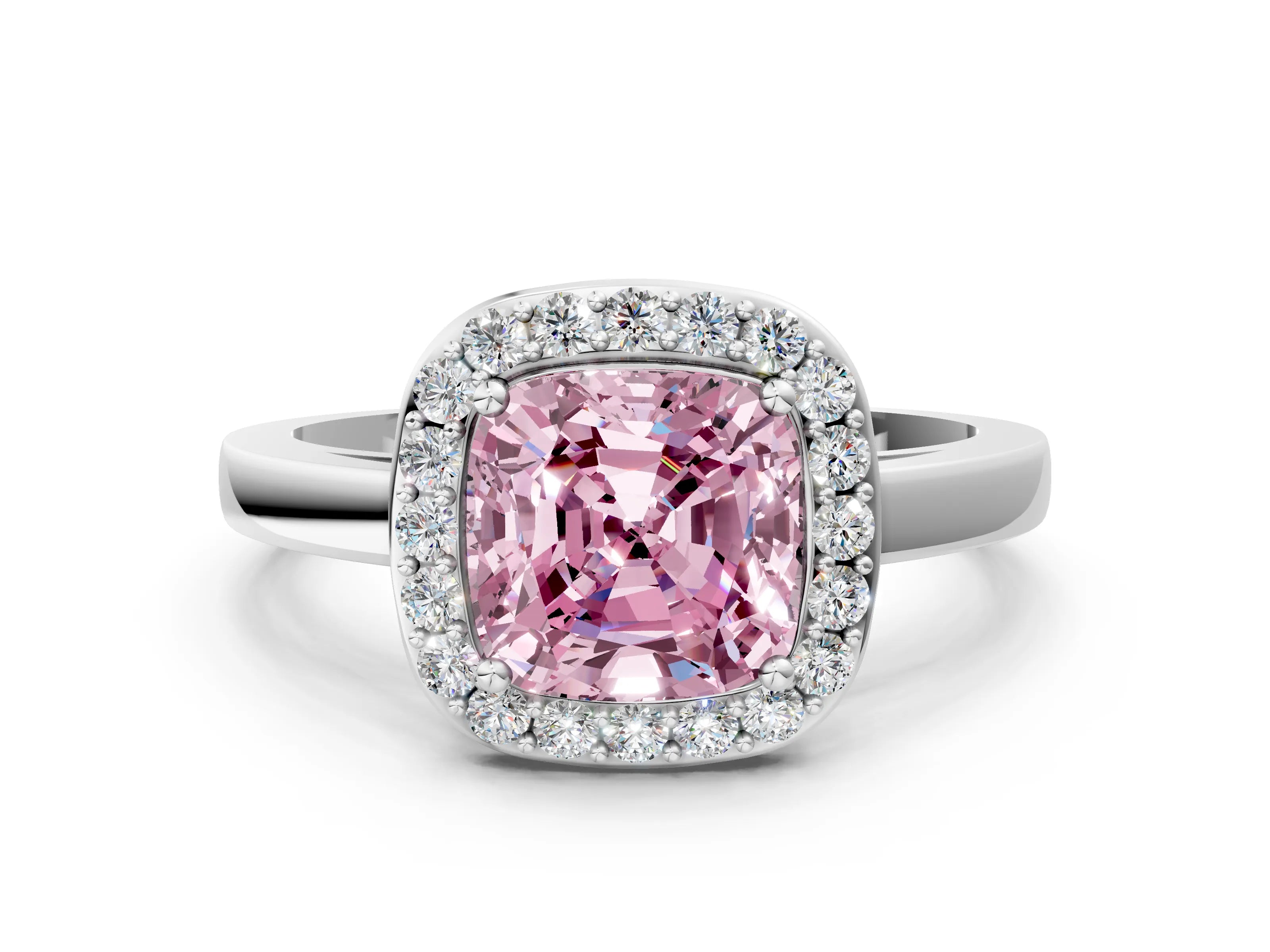 White gold Fancy Pink Cushion Cut Halo Diamond Ring with Solitaire Band and Prong Setting