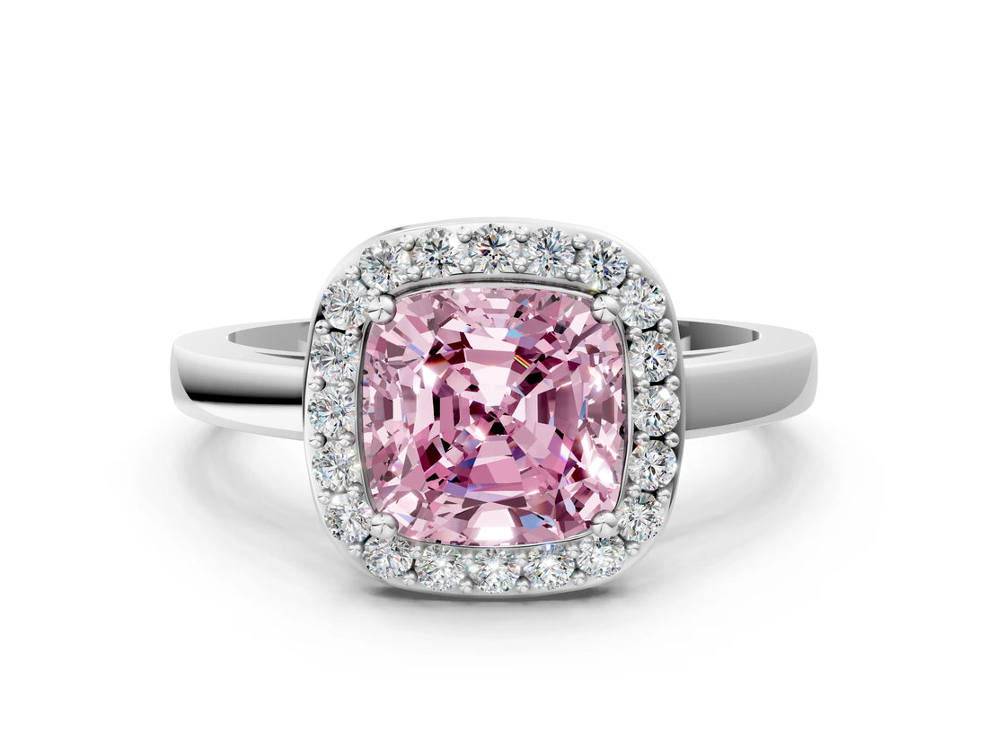 White gold Fancy Pink Cushion Cut Halo Diamond Ring with Solitaire Band and Prong Setting