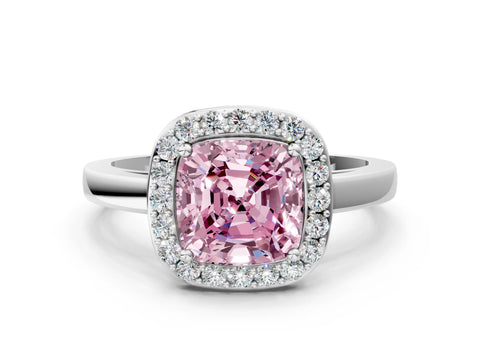 White gold Fancy Pink Cushion Cut Halo Diamond Ring with Solitaire Band and Prong Setting