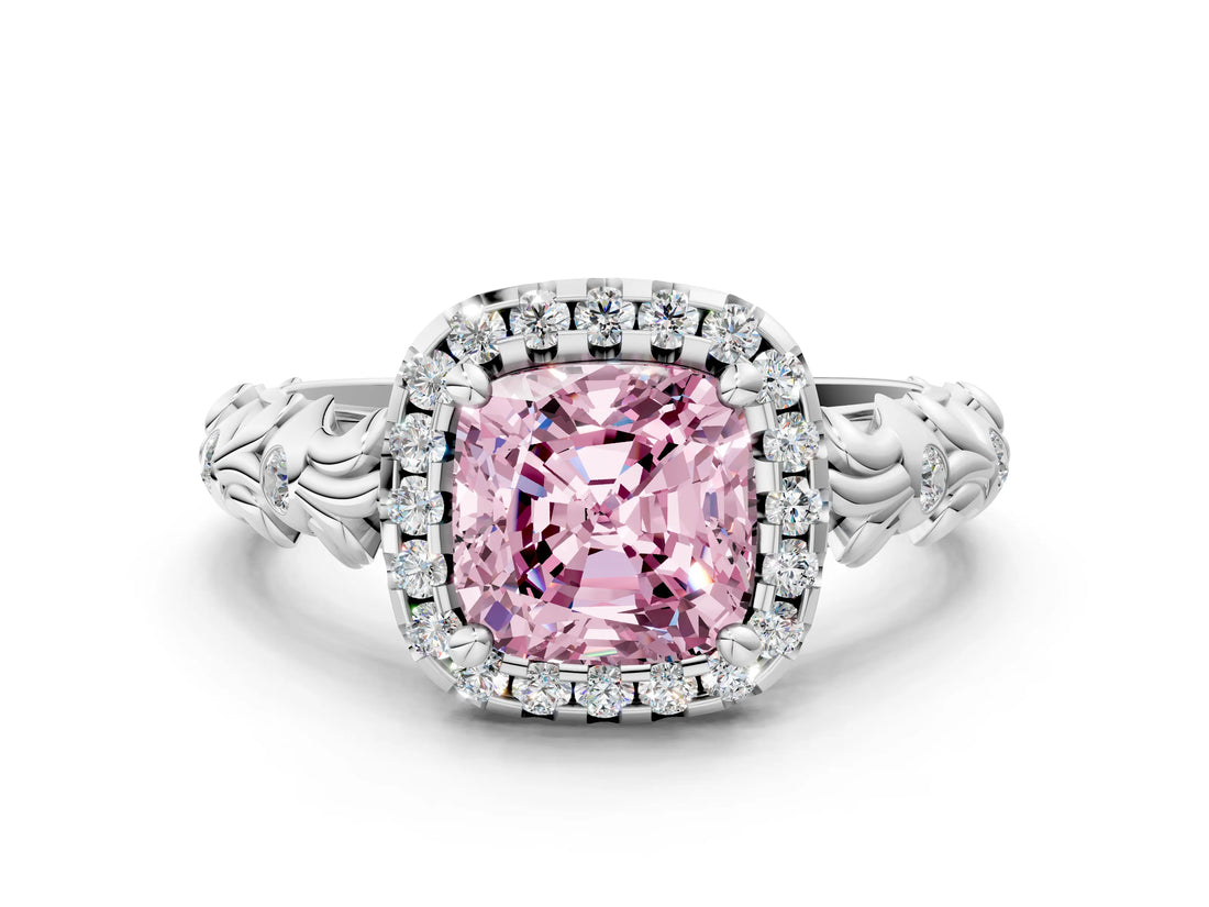White gold Fancy Pink Cushion Cut Halo Diamond Solitaire with Filigree Band and Four-Prong Setting