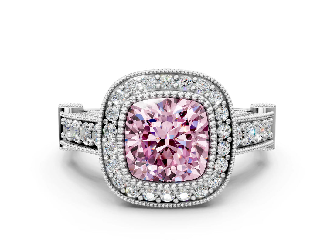 White gold Fancy Pink Cushion Cut Halo Diamond Split Shank Pave Ring