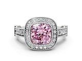 White gold Fancy Pink Cushion Cut Halo Diamond Split Shank Pave Ring