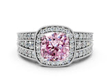 White gold Fancy Pink Cushion Cut Halo Diamond Split Shank Ring with Prong Setting