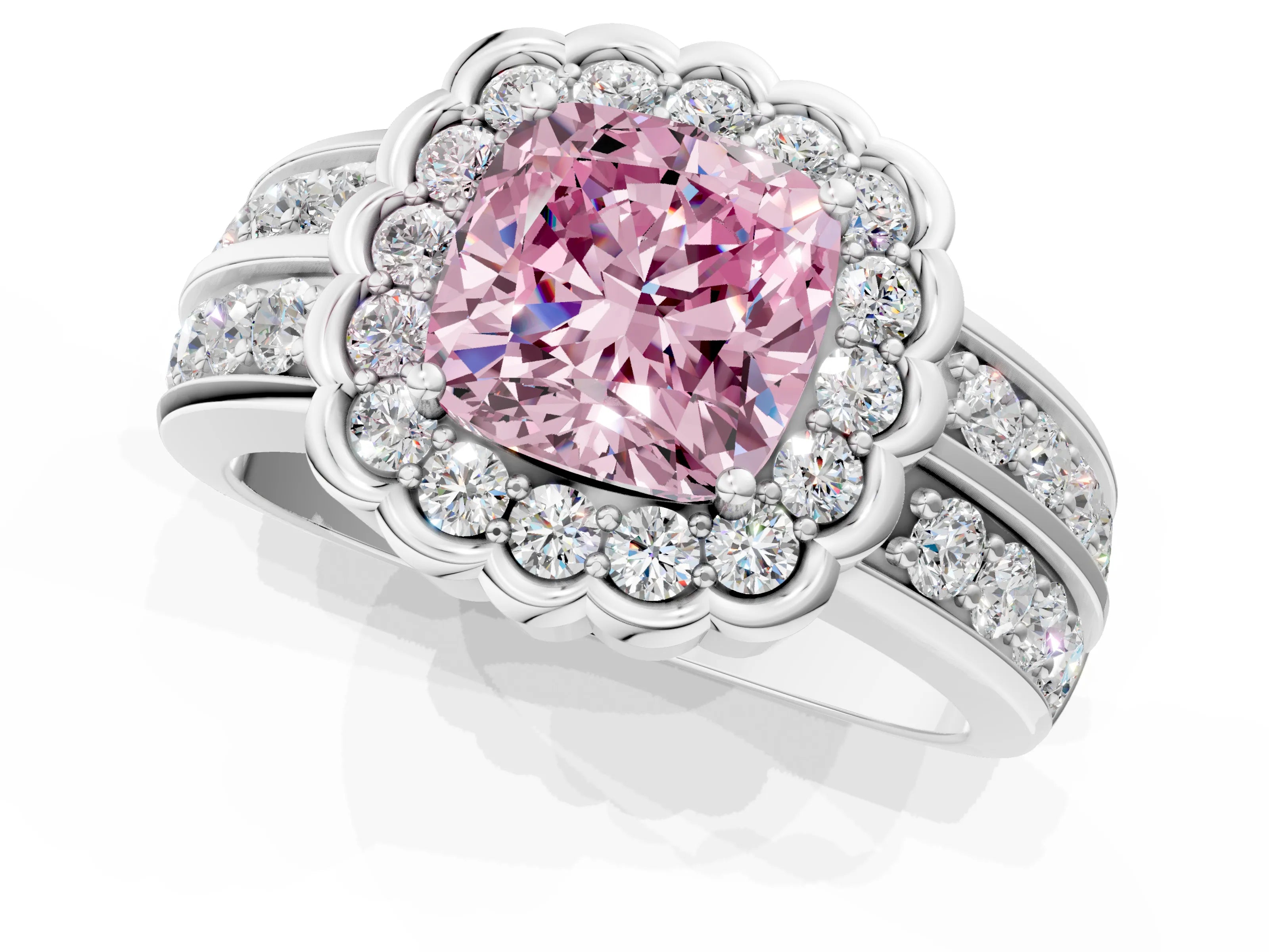 White gold Fancy Pink Cushion Cut Halo Diamond Split Shank Ring with Scalloped Prong Setting_1