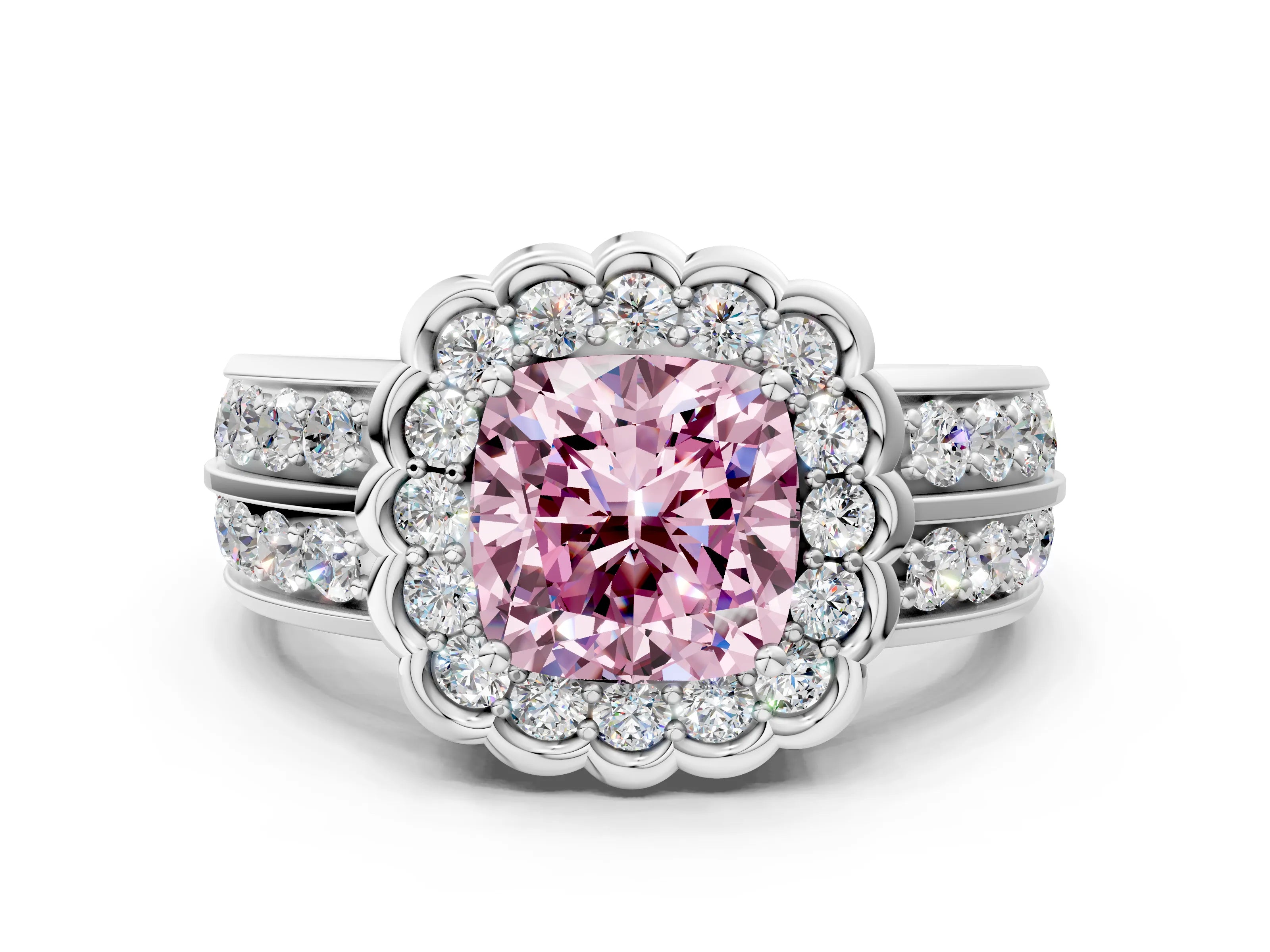 White gold Fancy Pink Cushion Cut Halo Diamond Split Shank Ring with Scalloped Prong Setting_12