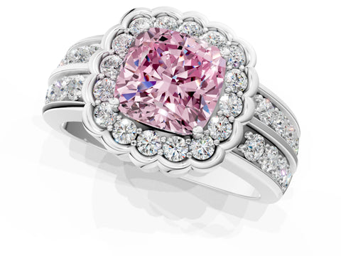 White gold Fancy Pink Cushion Cut Halo Diamond Split Shank Ring with Scalloped Prong Setting_13