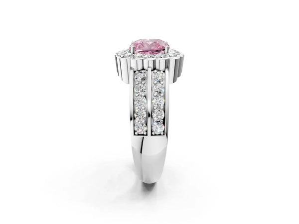 White gold Fancy Pink Cushion Cut Halo Diamond Split Shank Ring with Scalloped Prong Setting