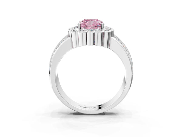 White gold Fancy Pink Cushion Cut Halo Diamond Split Shank Ring with Scalloped Prong Setting