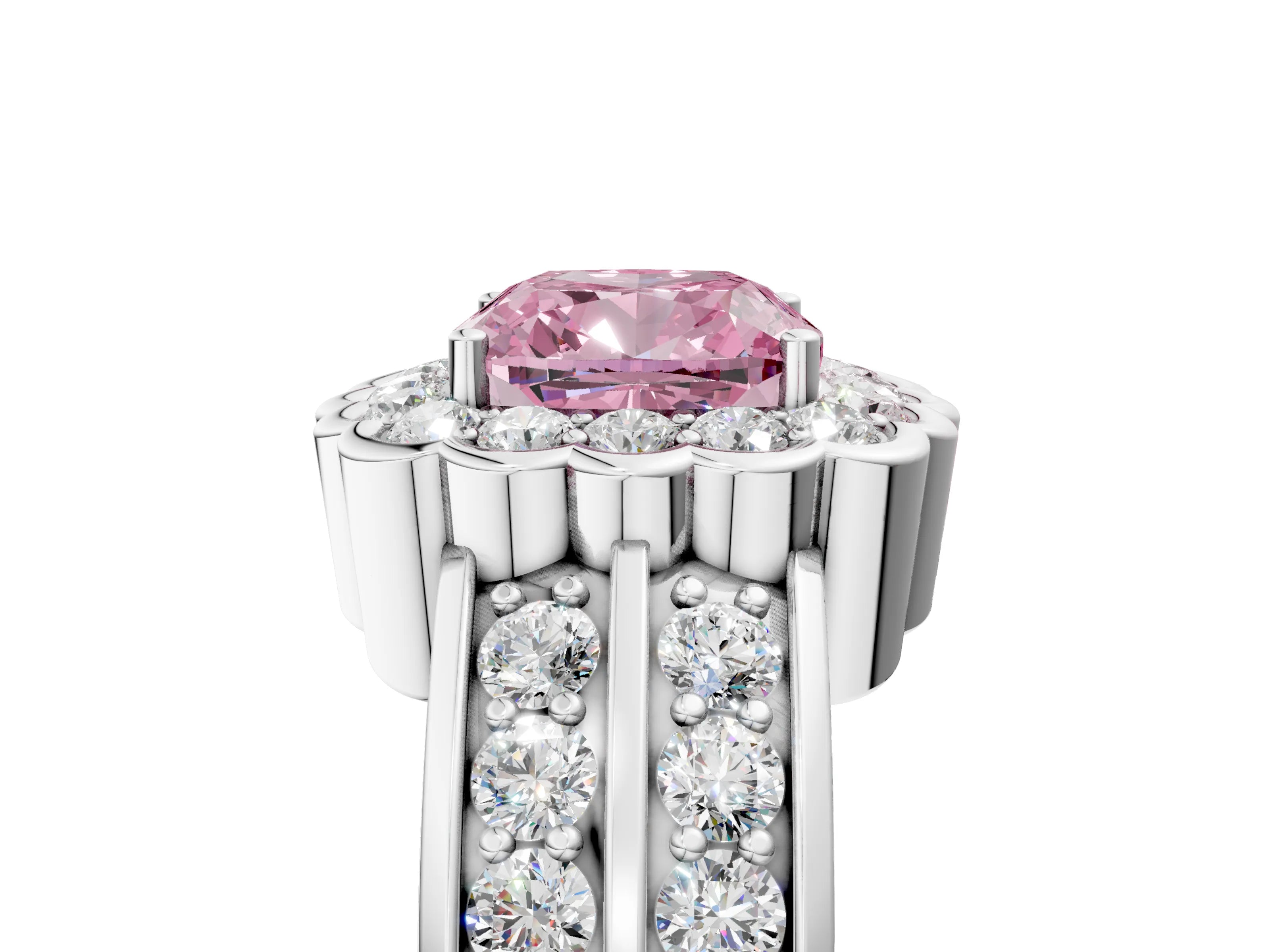 White gold Fancy Pink Cushion Cut Halo Diamond Split Shank Ring with Scalloped Prong Setting_17