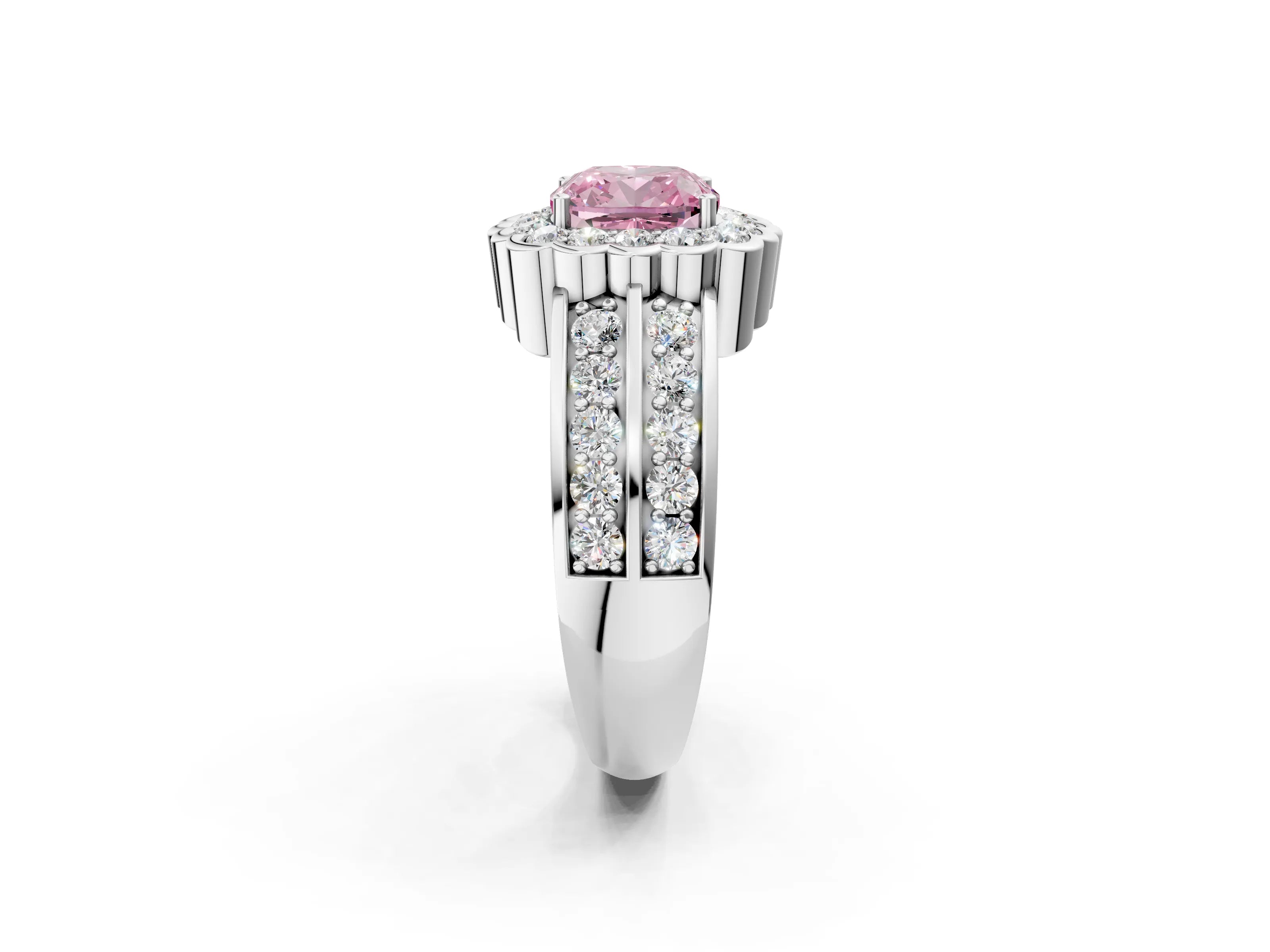White gold Fancy Pink Cushion Cut Halo Diamond Split Shank Ring with Scalloped Prong Setting_2
