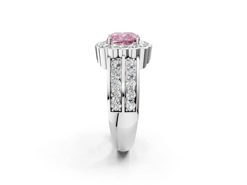 White gold Fancy Pink Cushion Cut Halo Diamond Split Shank Ring with Scalloped Prong Setting_2