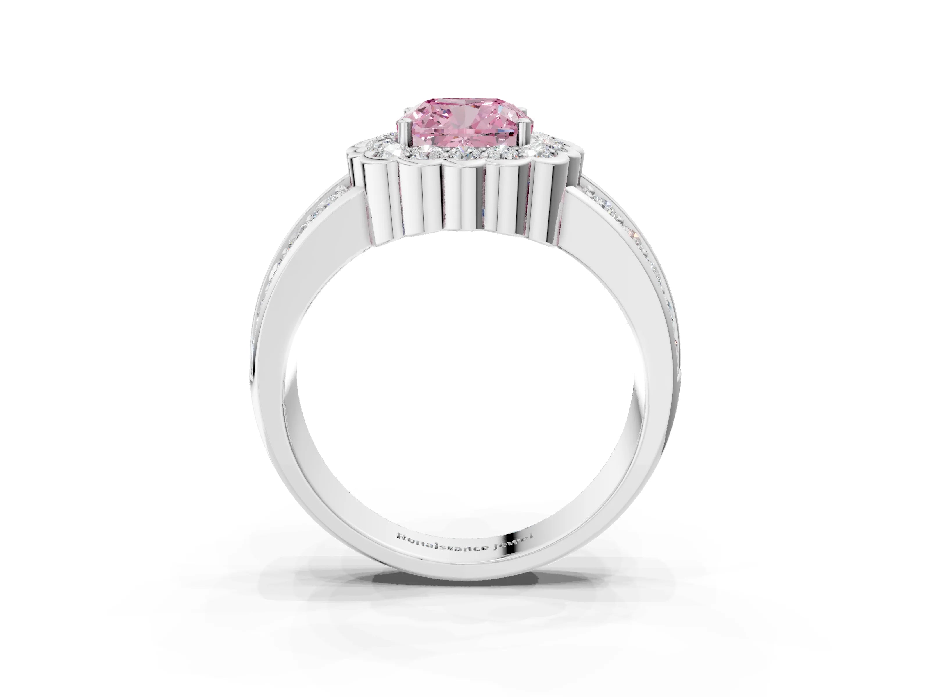 White gold Fancy Pink Cushion Cut Halo Diamond Split Shank Ring with Scalloped Prong Setting_3