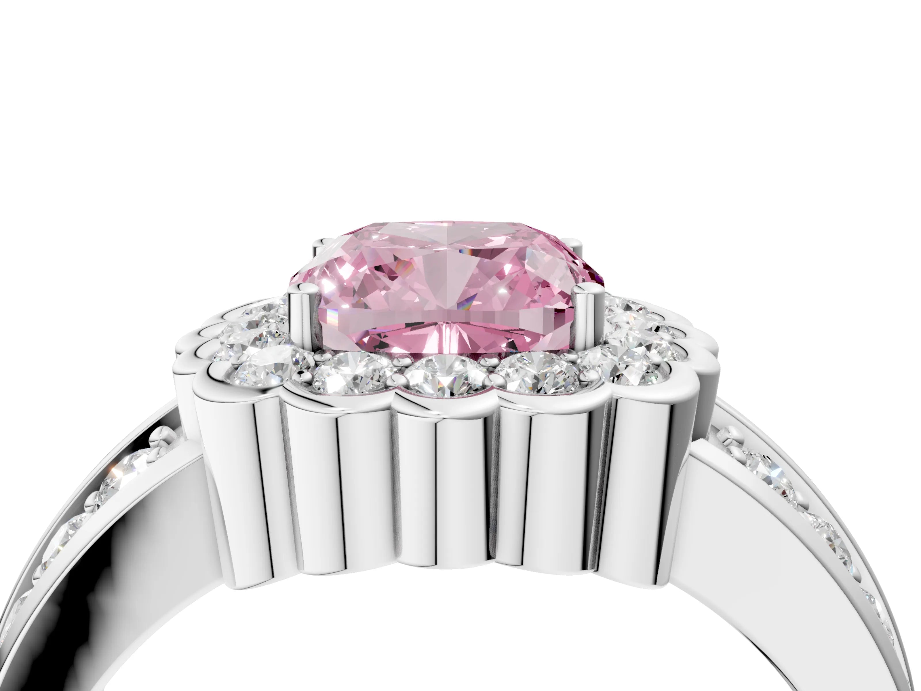 White gold Fancy Pink Cushion Cut Halo Diamond Split Shank Ring with Scalloped Prong Setting_4