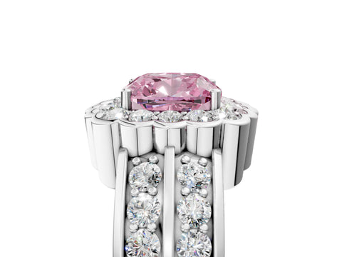 White gold Fancy Pink Cushion Cut Halo Diamond Split Shank Ring with Scalloped Prong Setting_5