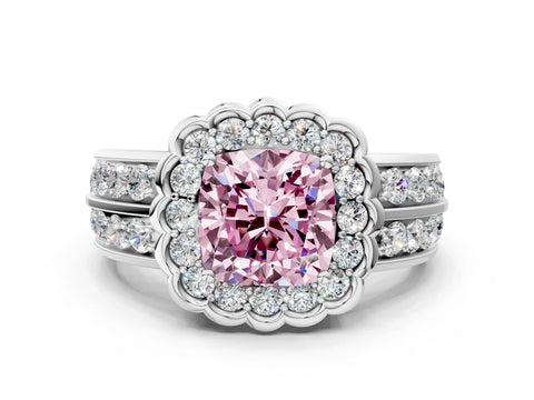 White gold Fancy Pink Cushion Cut Halo Diamond Split Shank Ring with Scalloped Prong Setting
