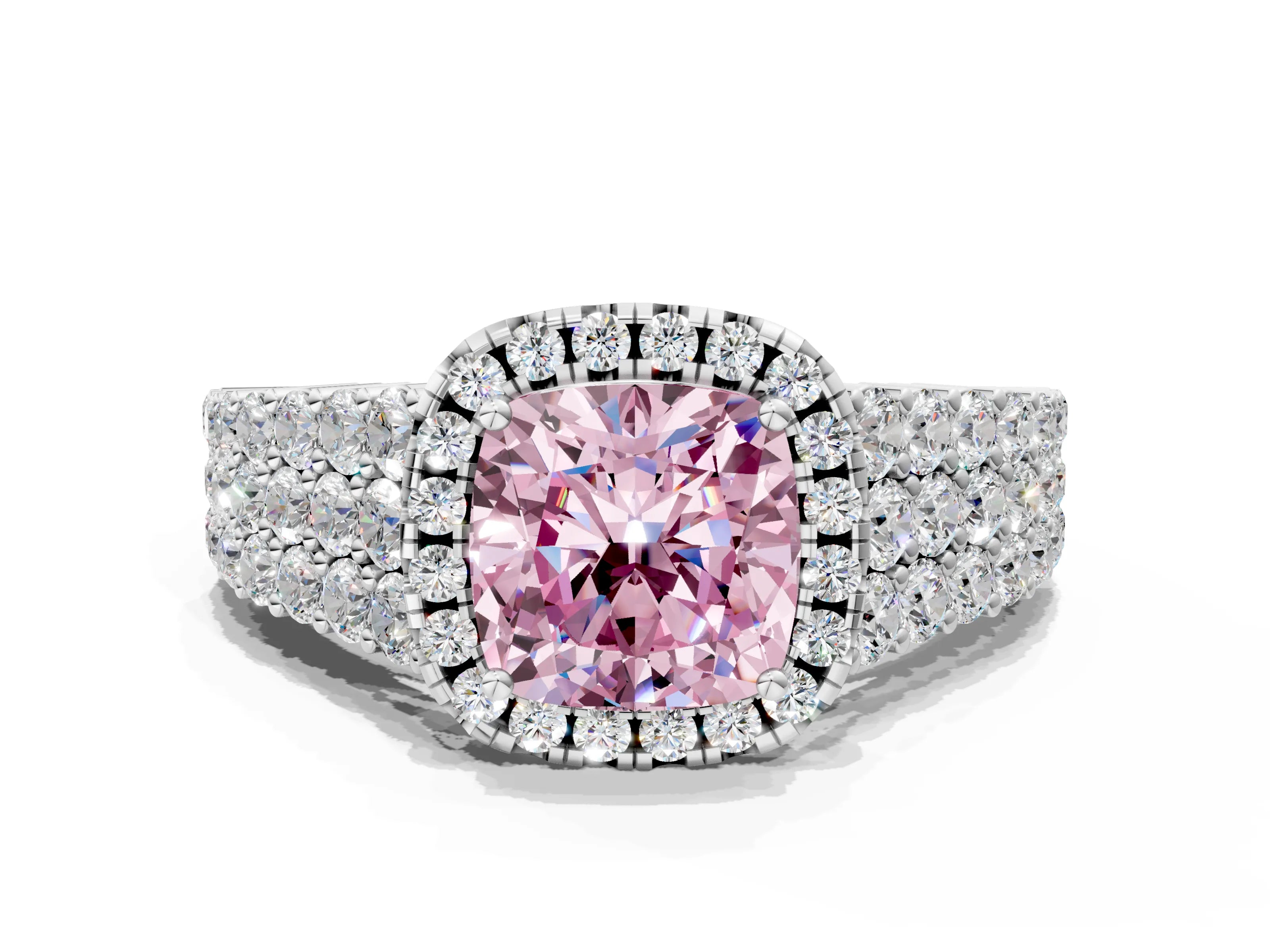 White gold Fancy Pink Cushion Cut Halo Pavé Diamond Engagement Ring with Split Shank and Four-Prong Setting_3