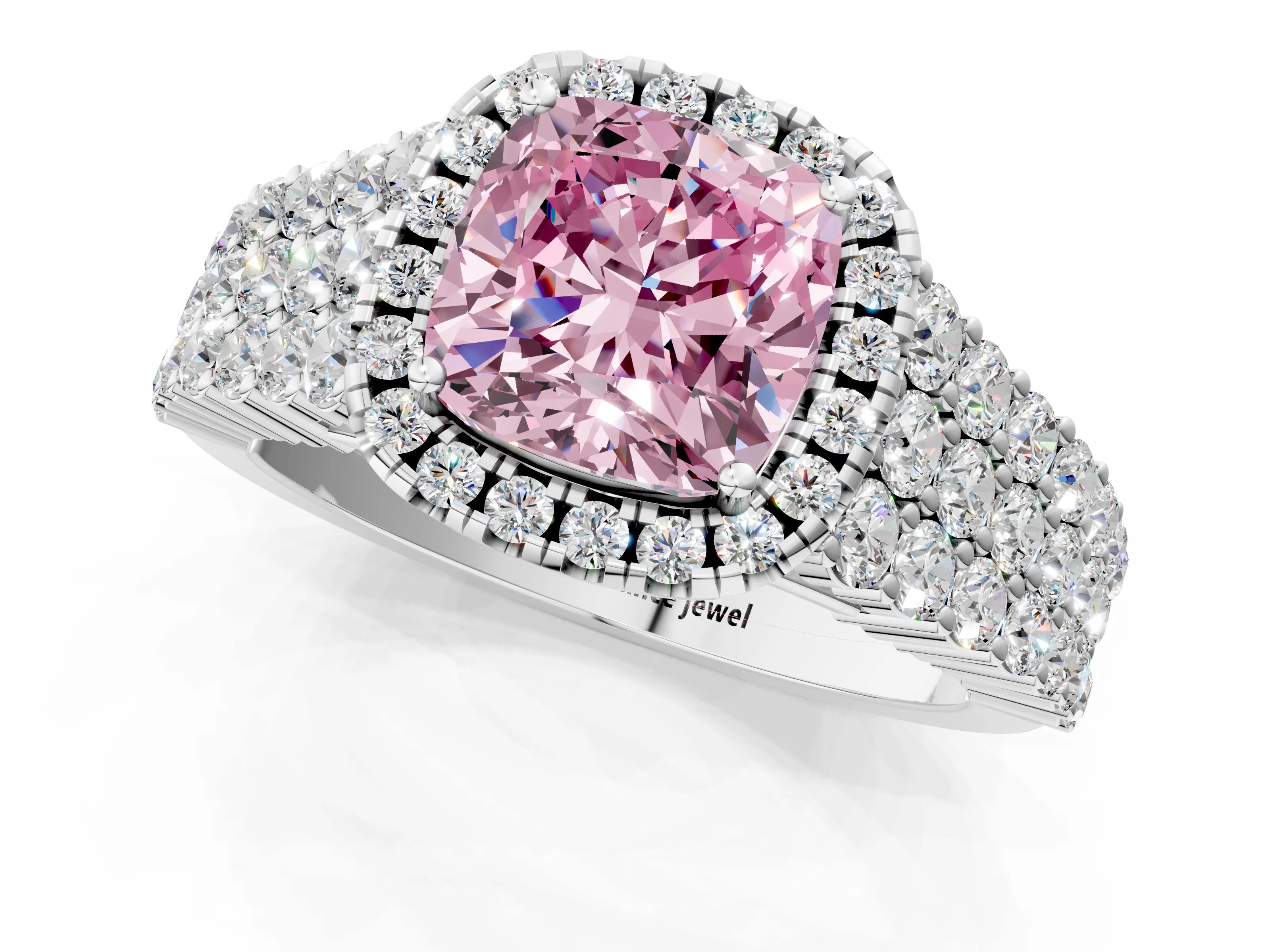 White gold Fancy Pink Cushion Cut Halo Pavé Diamond Engagement Ring with Split Shank and Four-Prong Setting_4