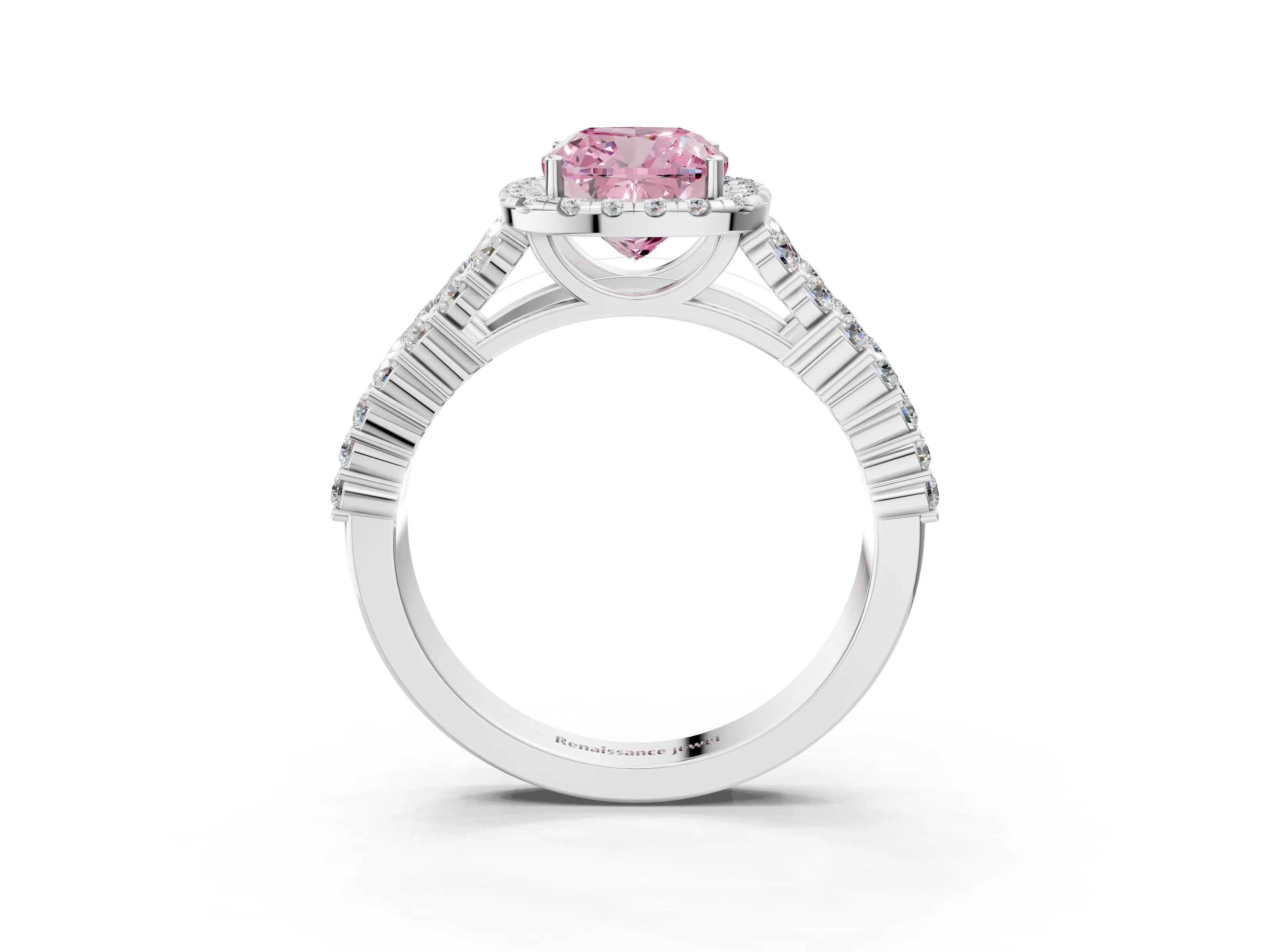 White gold Fancy Pink Cushion Cut Halo Pavé Diamond Engagement Ring with Split Shank and Four-Prong Setting_6