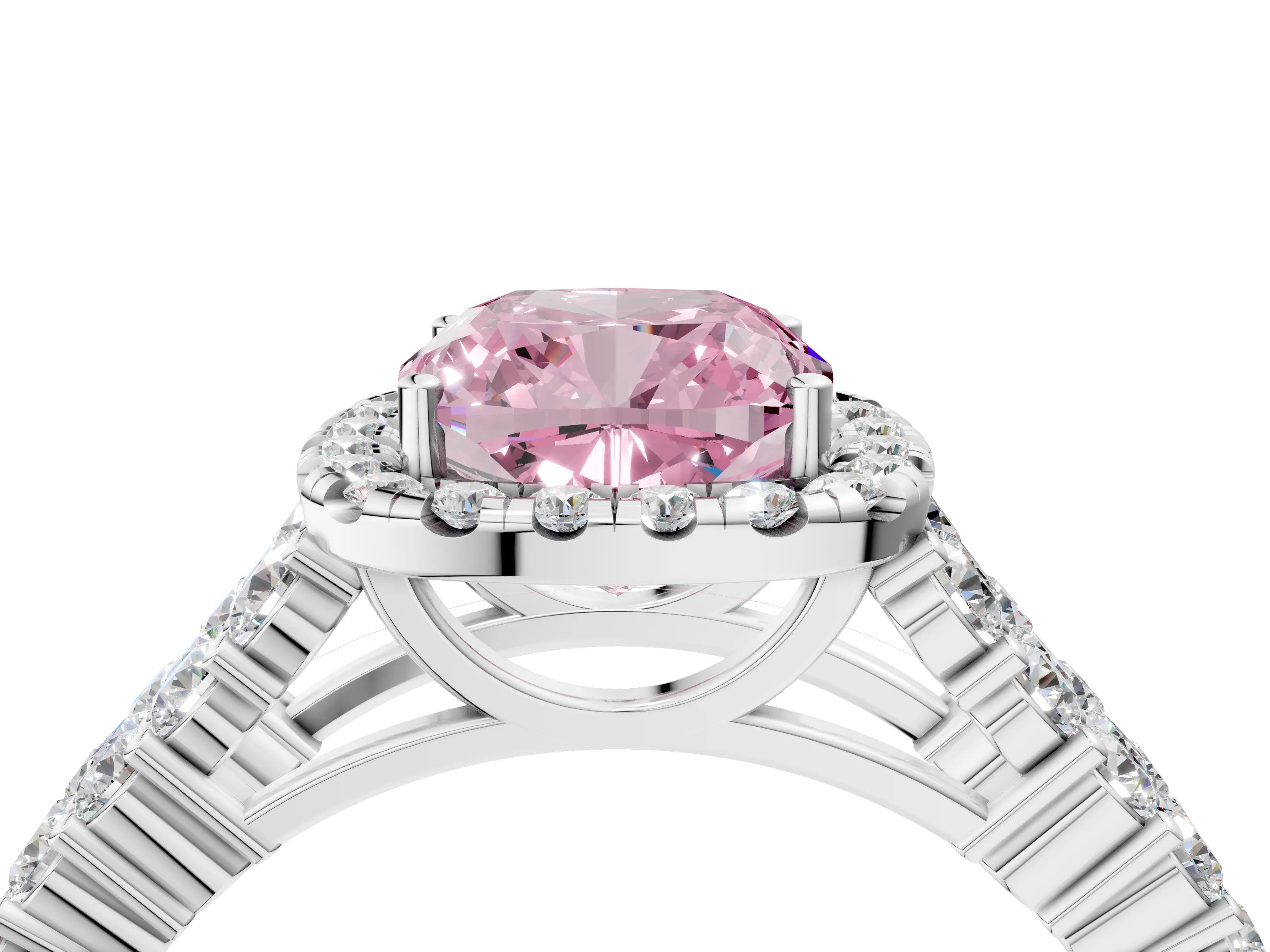 White gold Fancy Pink Cushion Cut Halo Pavé Diamond Engagement Ring with Split Shank and Four-Prong Setting_7
