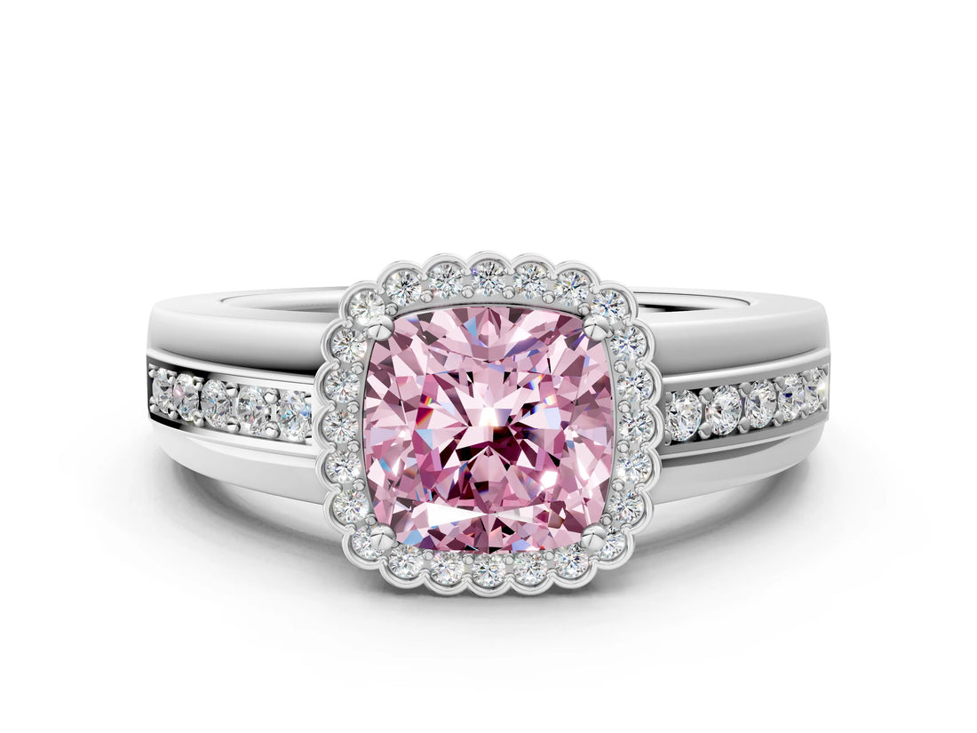 White gold Fancy Pink Cushion  Cut Halo Pave Band Four-Prong Ring_49