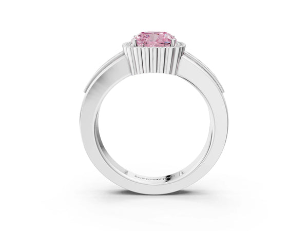 White gold Fancy Pink Cushion  Cut Halo Pave Band Four-Prong Ring