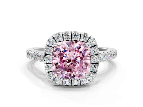White gold Fancy Pink Cushion Cut Halo Pave Diamond Engagement Ring with Four-Prong Setting