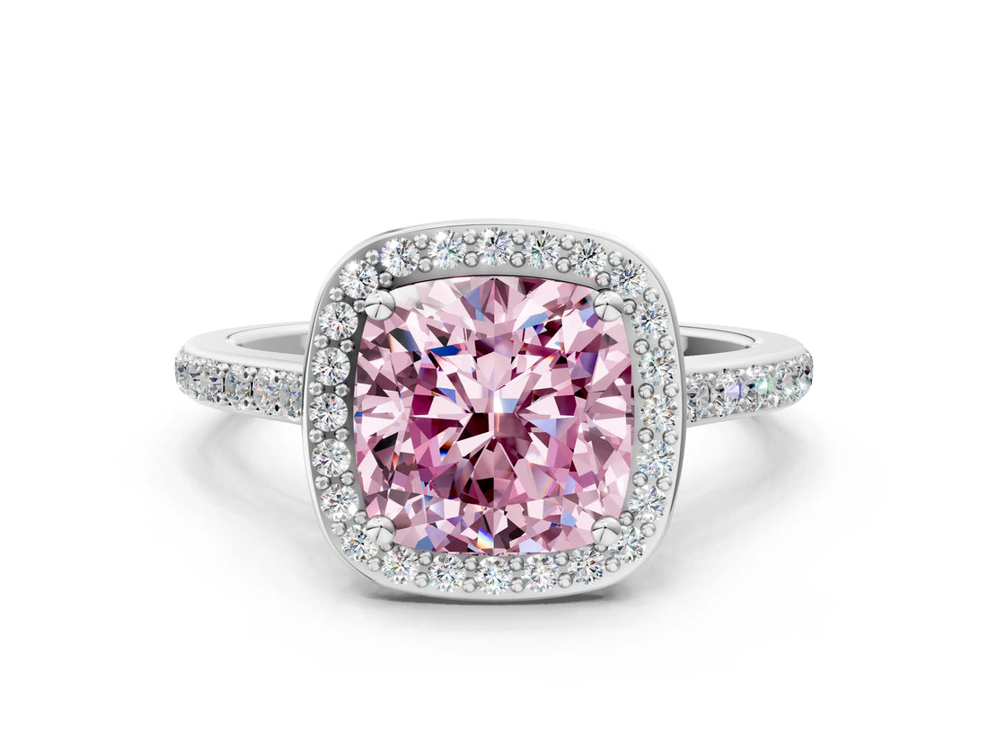 White gold Fancy Pink Cushion Cut Halo Round Diamond Pavé Band with Four-Prong Setting_15