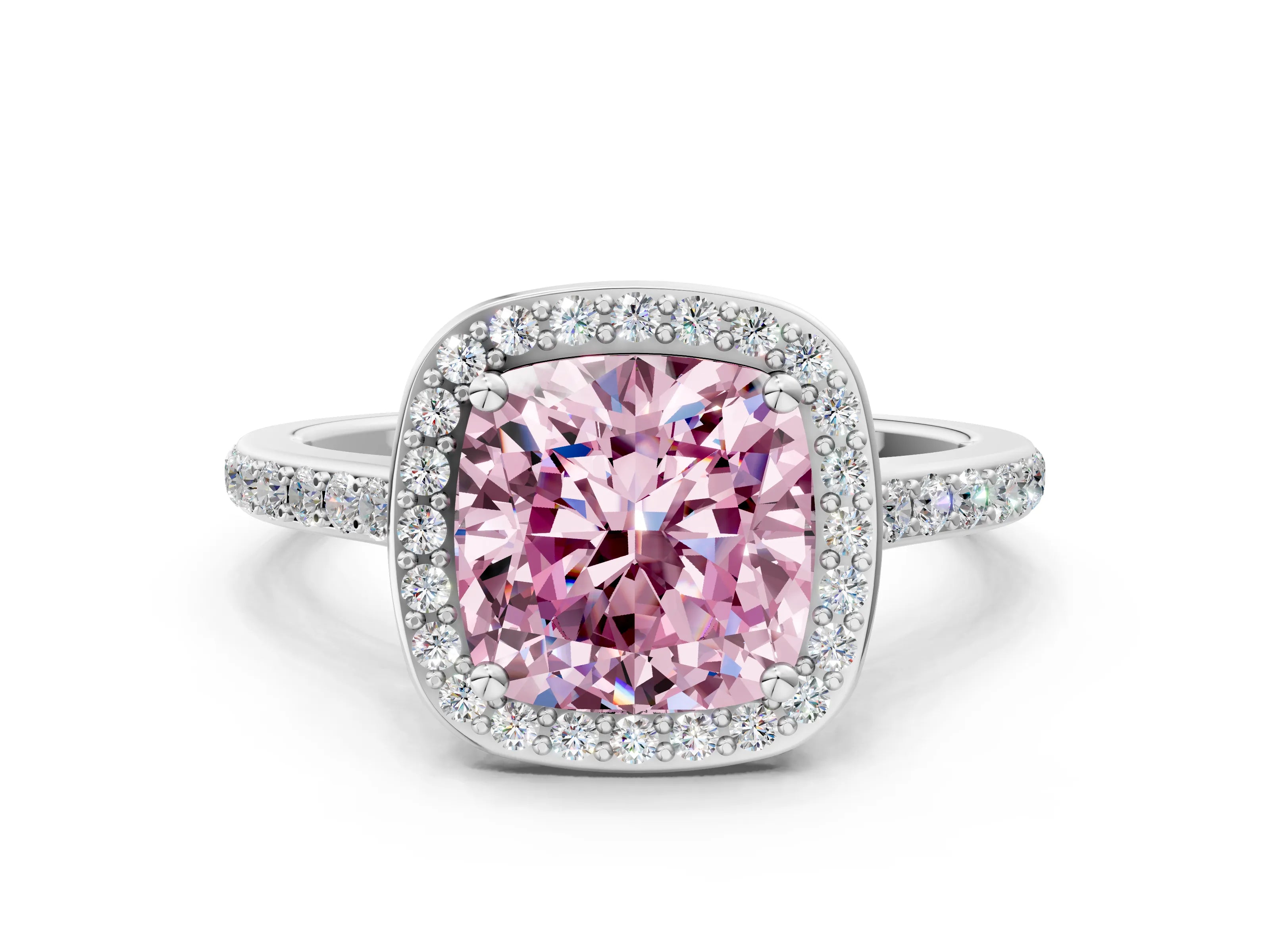 White gold Fancy Pink Cushion Cut Halo Round Diamond Pavé Band with Four-Prong Setting_15