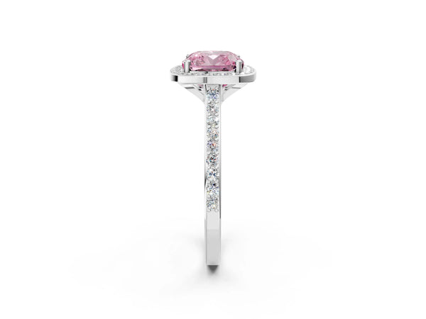 Platinum Fancy Pink Cushion Cut Halo Round Diamond Pavé Band with Four-Prong Setting